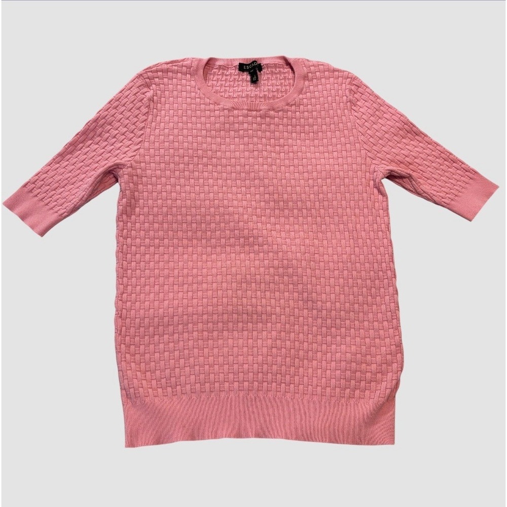 Escada‎ Women's Medium Short Sleeve Basket Weave Sweater Pink Sorbet Preppy